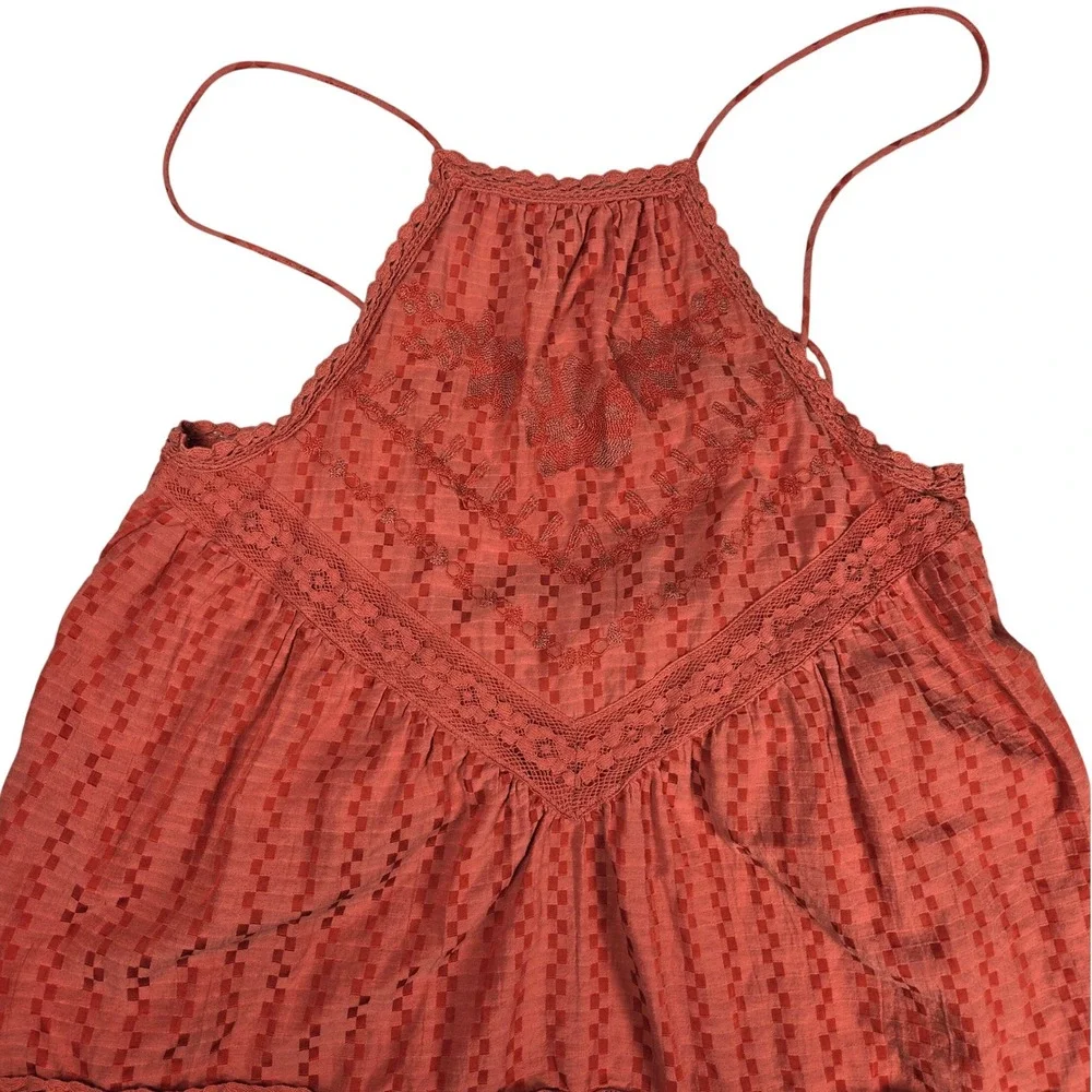 Free People Elisa Tunic Tank Top XS Coral‎ Orange Lace Trim Halter Sleeveless